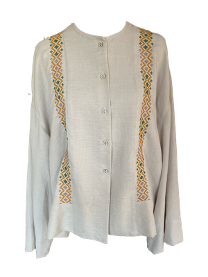 Hand Embroidered Shirt With Wide Sleeve in Beige with Orange and Green Embroidery