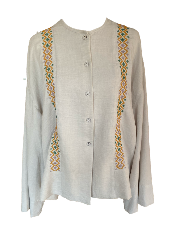 Hand Embroidered Shirt With Wide Sleeve in Beige with Orange and Green Embroidery