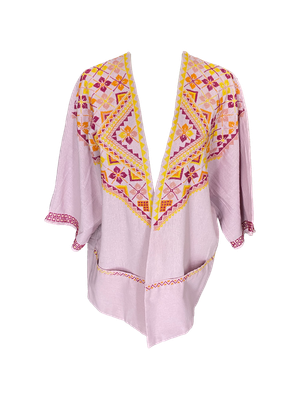 The Short Sleeve Linen Jacket With Heavy Hand Embroidery in Pink and Orange