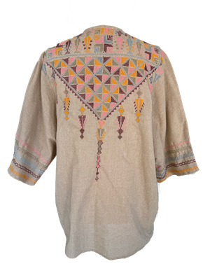 The Short Sleeve Linen Jacket With Hand Embroidery in Beige and Pink