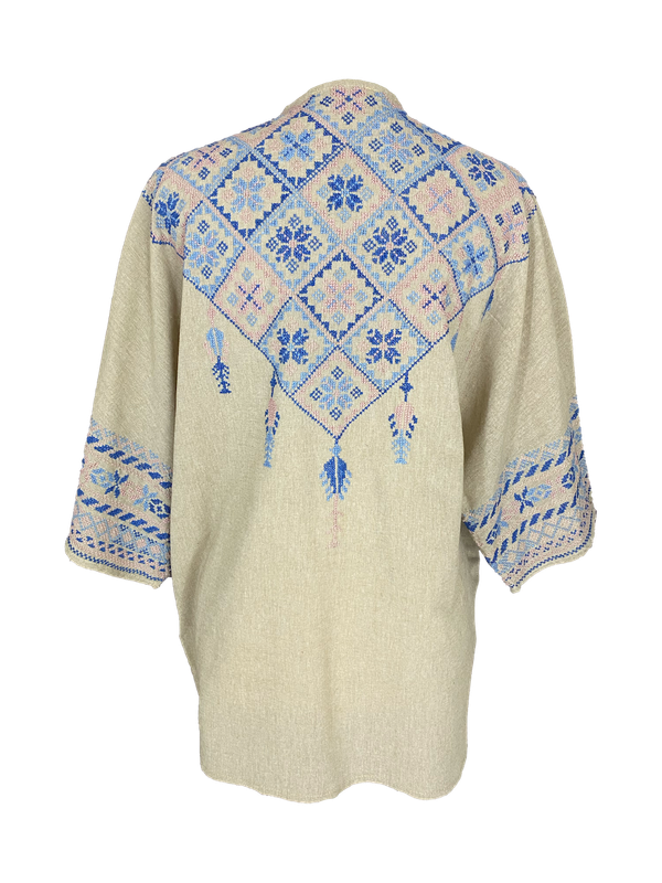 The Short Sleeve Linen Jacket With Hand Embroidery in Beige with Blue