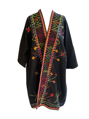 Abaya With Syrian Style Embroidery in Black with Green and Red Embroidery