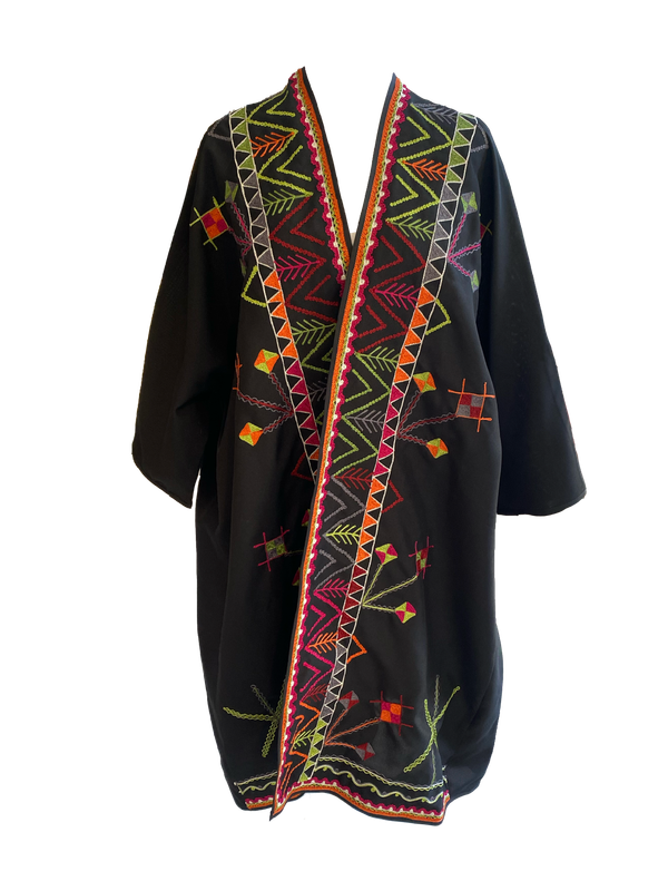 Abaya With Syrian Style Embroidery in Black with Green and Red Embroidery