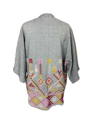 The Short Sleeve Linen Jacket With Hand Embroidery in Grey with Sunset Embroidery