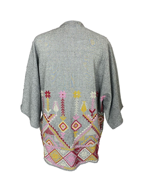 The Short Sleeve Linen Jacket With Hand Embroidery in Grey with Sunset Embroidery