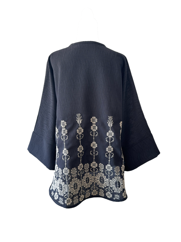 The Oversized Kimono Cut Jacket With White Embroidery in Dark Charcoal