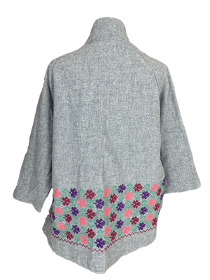 The Embroidered Round Jacket in Light Grey With Purple Embroidery