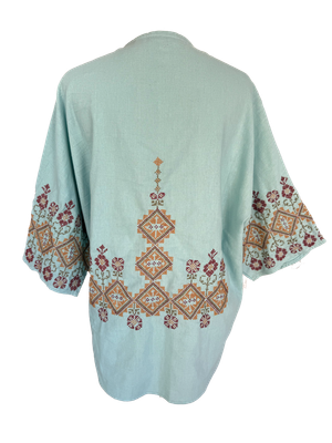 The Short Sleeve Linen Jacket With Hand Embroidery in Blue and Orange