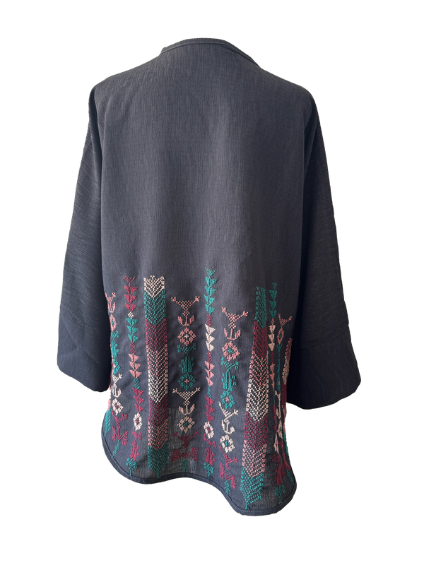 The Oversized Kimono Cut Jacket With Teal and Burgundy Embroidery in Dark Charcoal