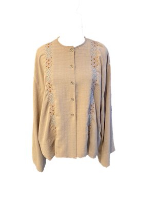 Pink Hand Embroidered Shirt With Wide Sleeve with Pastel Blue and Brown Embroidery