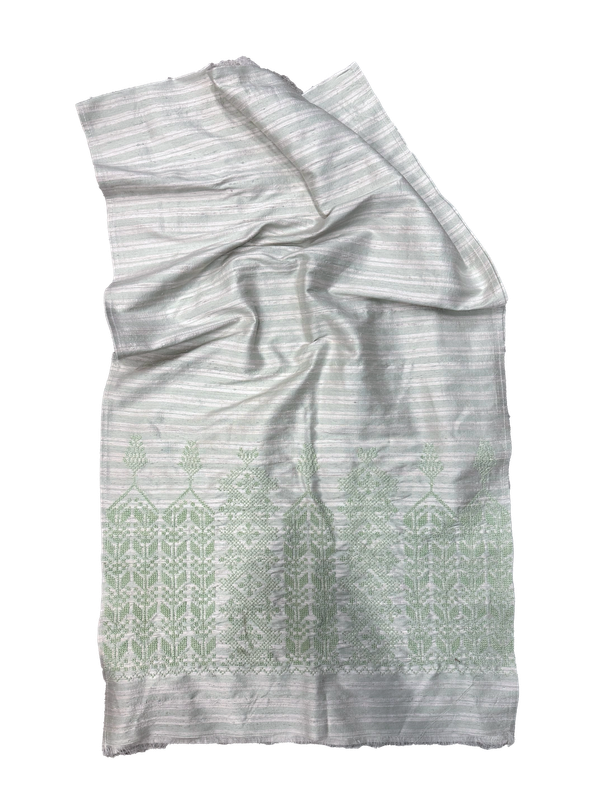 The Embroidered Scarf in White Striped Thai Silk