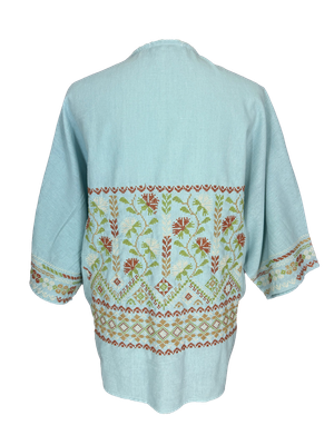 The Short Sleeve Linen Jacket With Heavy Hand Embroidery in Blue