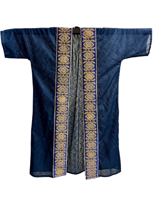 The Linen Bisht in Blue with Wide Geometric Embroidery