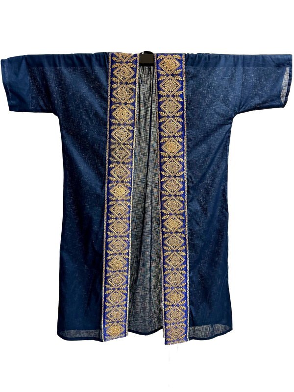 The Linen Bisht in Blue with Wide Geometric Embroidery