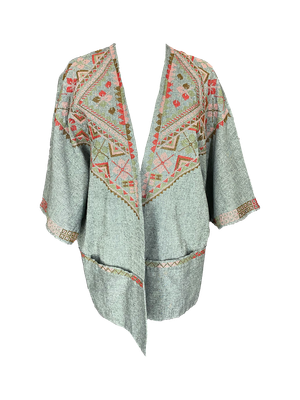 The Short Sleeve Linen Jacket With Hand Embroidery in Grey with Red and Pink Embroidery
