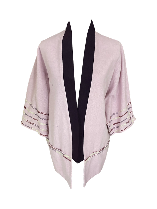 The Short Sleeve Linen Jacket With Heavy Hand Embroidery in Purple