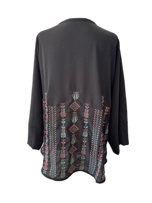 The Oversized Kimono Cut Jacket With Pink and Blue Embroidery in Sheer Black