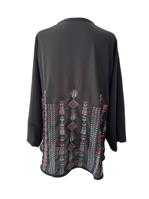 The Oversized Kimono Cut Jacket With Pink and Blue Embroidery in Sheer Black