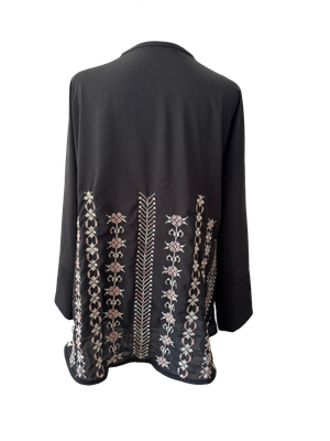 The Oversized Kimono Cut Jacket With Pastel Pink Embroidery in Sheer Black