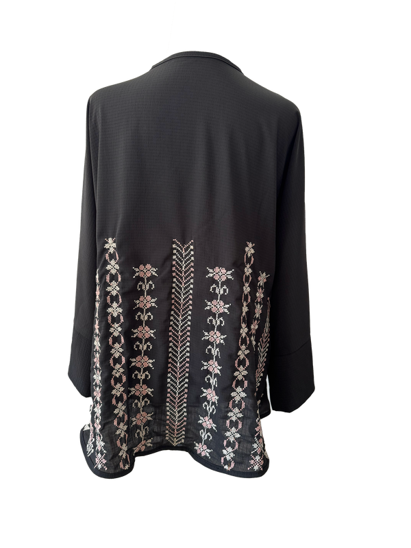 The Oversized Kimono Cut Jacket With Pastel Pink Embroidery in Sheer Black