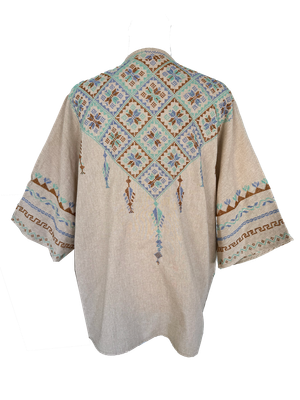 The Short Sleeve Linen Jacket With Hand Embroidery in Beige and Blue