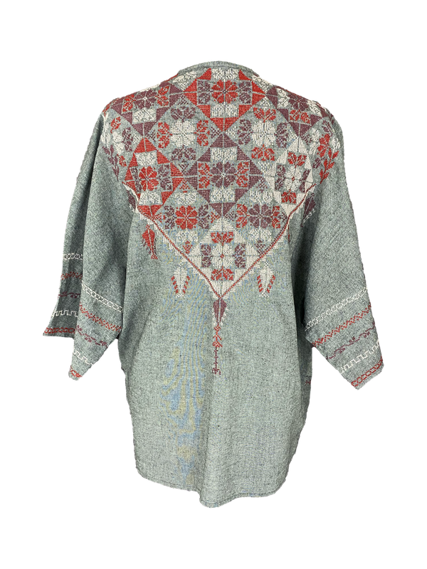 The Short Sleeve Linen Jacket With Heavy Hand Embroidery in Grey with Red Embroidery