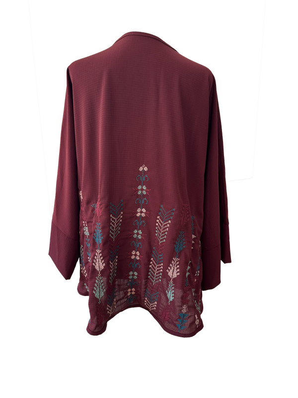 The Oversized Kimono Cut Jacket With Light Embroidery in Burgundy C