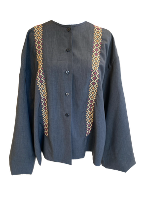 Grey Hand Embroidered Shirt With Wide Sleeves With Beige and Orange Embroidery