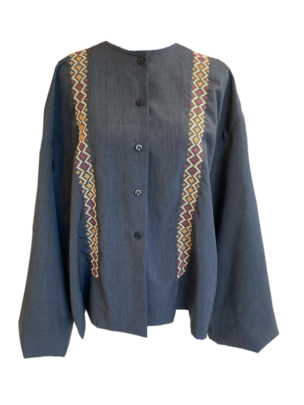 Grey Hand Embroidered Shirt With Wide Sleeves With Beige and Orange Embroidery