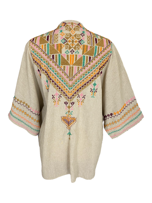 The Short Sleeve Linen Jacket With Hand Embroidery in Beige with  Orange and Teal