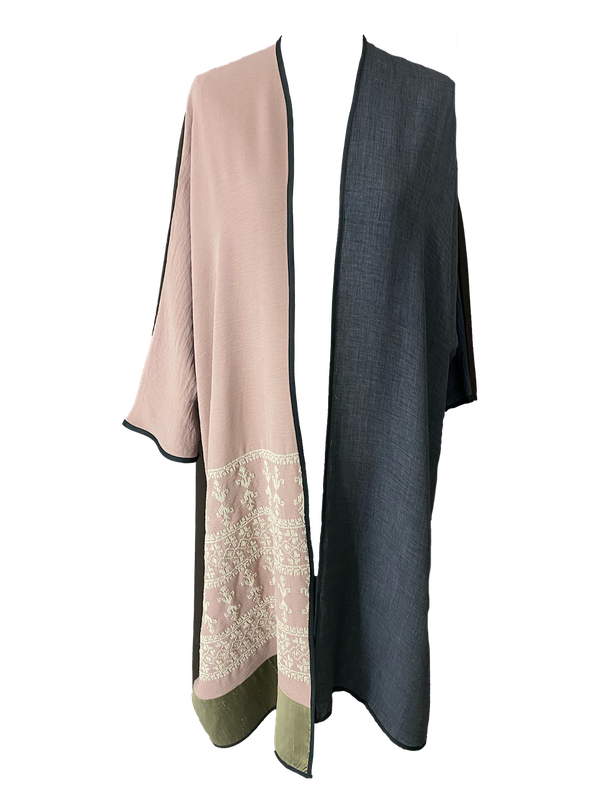 Abaya with Hand Embroidery in Dusty Pink and Grey