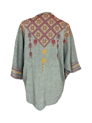 The Short Sleeve Linen Jacket With Heavy Hand Embroidery in Grey with Orange Embroidery