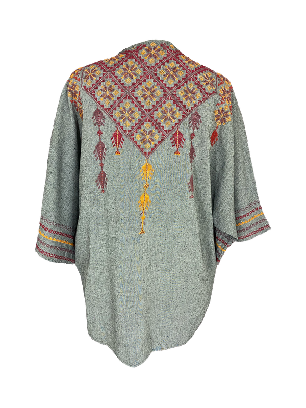 The Short Sleeve Linen Jacket With Heavy Hand Embroidery in Grey with Orange Embroidery