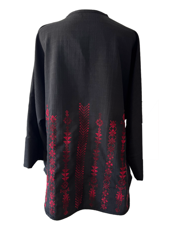 The Oversized Kimono Cut Jacket With Red Embroidery in Black