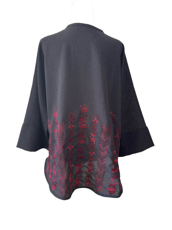 The Oversized Kimono Cut Jacket With Red Embroidery in Dark Charcoal