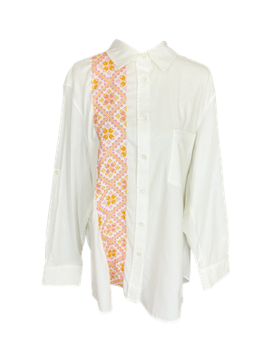 Oversized White Button Down Shirt With Embroidery