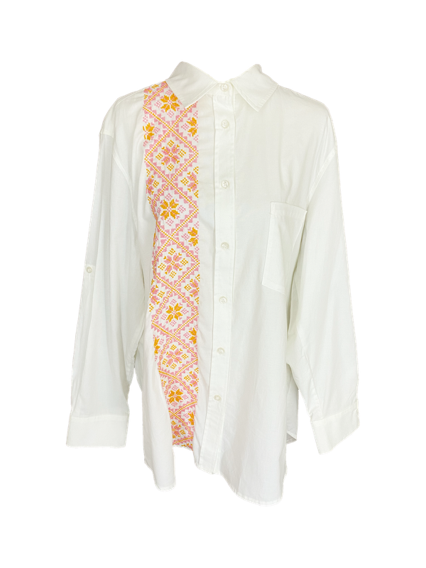 Oversized White Button Down Shirt With Embroidery