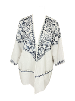 The Short Sleeve Linen Jacket With Heavy Hand Embroidery in White
