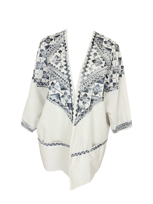 The Short Sleeve Linen Jacket With Heavy Hand Embroidery in White