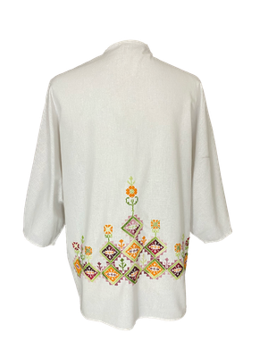 The Short Sleeve Linen Jacket With Heavy Hand Embroidery in White with Orange Embroidery