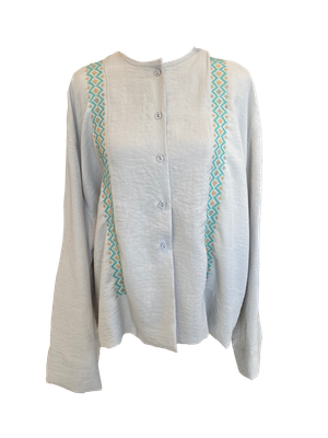 White Hand Embroidered Shirt With Wide Sleeve in with Blue and Green Embroidery