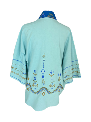 The Short Sleeve Linen Jacket With Hand Embroidery and Thai Silk Lapel in Turquoise