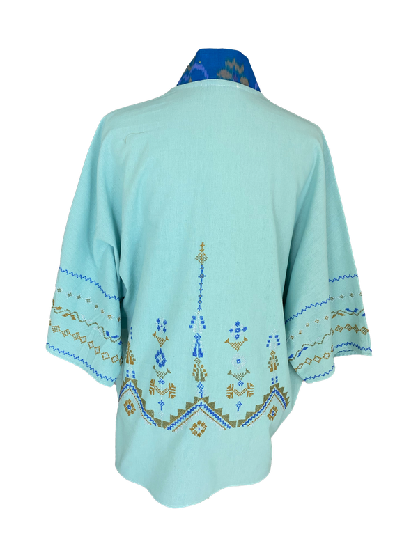 The Short Sleeve Linen Jacket With Hand Embroidery and Thai Silk Lapel in Turquoise