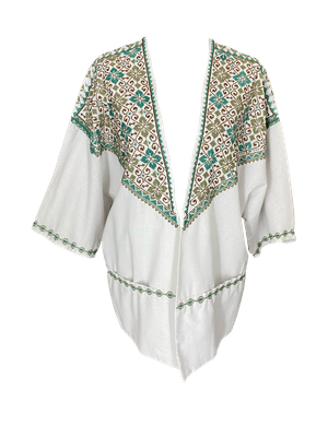 The Short Sleeve Linen Jacket With Heavy Hand Embroidery in White with Blue and Beige Embroidery