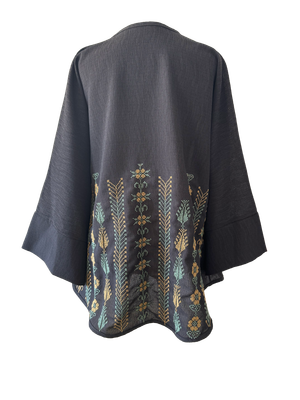 The Oversized Kimono Cut Jacket With Yellow Embroidery in Dark Charcoal