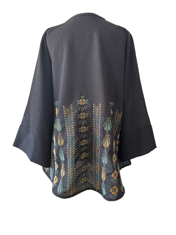 The Oversized Kimono Cut Jacket With Yellow Embroidery in Dark Charcoal