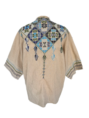 The Short Sleeve Linen Jacket With Hand Embroidery in Beige and Navy Blue