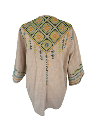 The Short Sleeve Linen Jacket With Hand Embroidery in Beige and Green