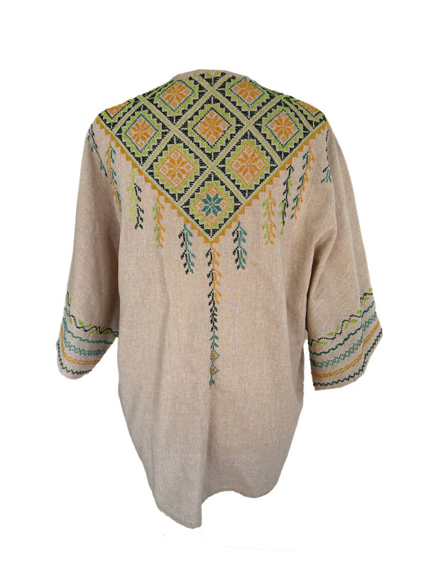 The Short Sleeve Linen Jacket With Hand Embroidery in Beige and Green