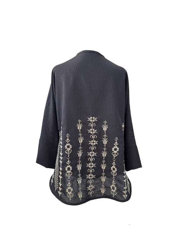 The Oversized Kimono Cut Jacket With White Floral Embroidery in Dark Charcoal”